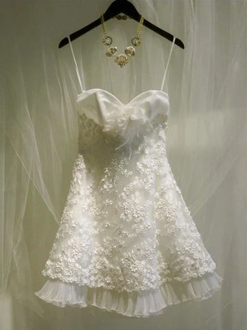 White A Line Spaghetti Strap Lace Tulle Short Homecoming Dress Party Gowns HZ1023